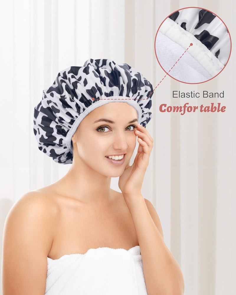 Auban Shower Cap, Shower Cap for Women Terry Cloth Lined EVA Exterior Reusable Double Layer Waterproof, Large Bath Hair Cap for All Hair Lengths, Hotel Travel Essentials Accessories Deep Conditioning - Image 5